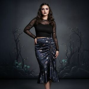 Reserved Dark Romantic Floral Satin Midi Skirt – Ruched Front, Ruffle Hem – 36